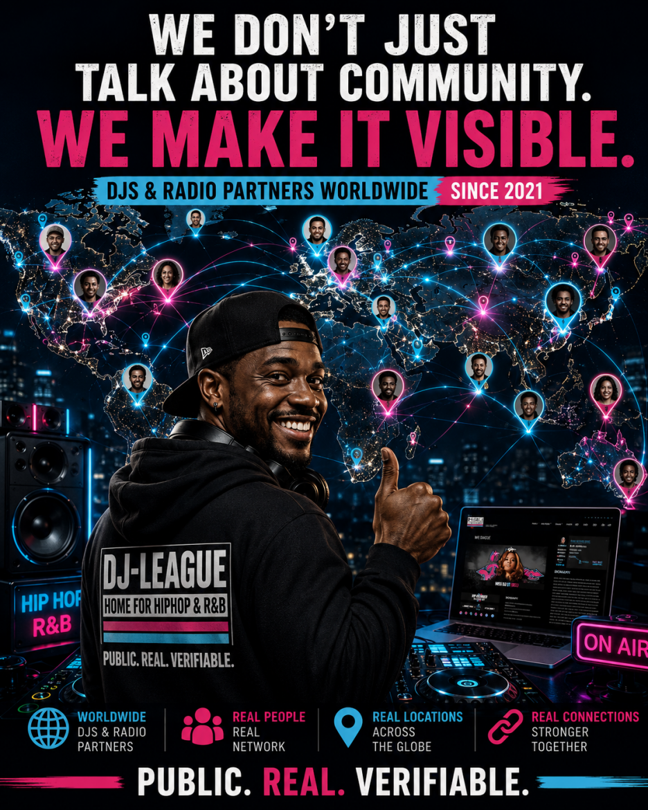 DJ-League World Map showing DJs and radio partners across the global music network
