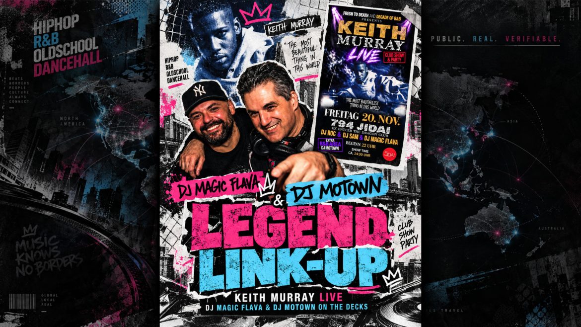 DJ Magic Flava and DJ Motown posing together ahead of the Keith Murray live event in Munich