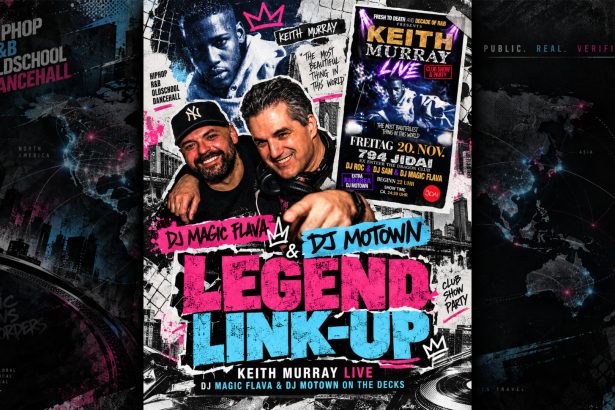 DJ Magic Flava and DJ Motown posing together ahead of the Keith Murray live event in Munich