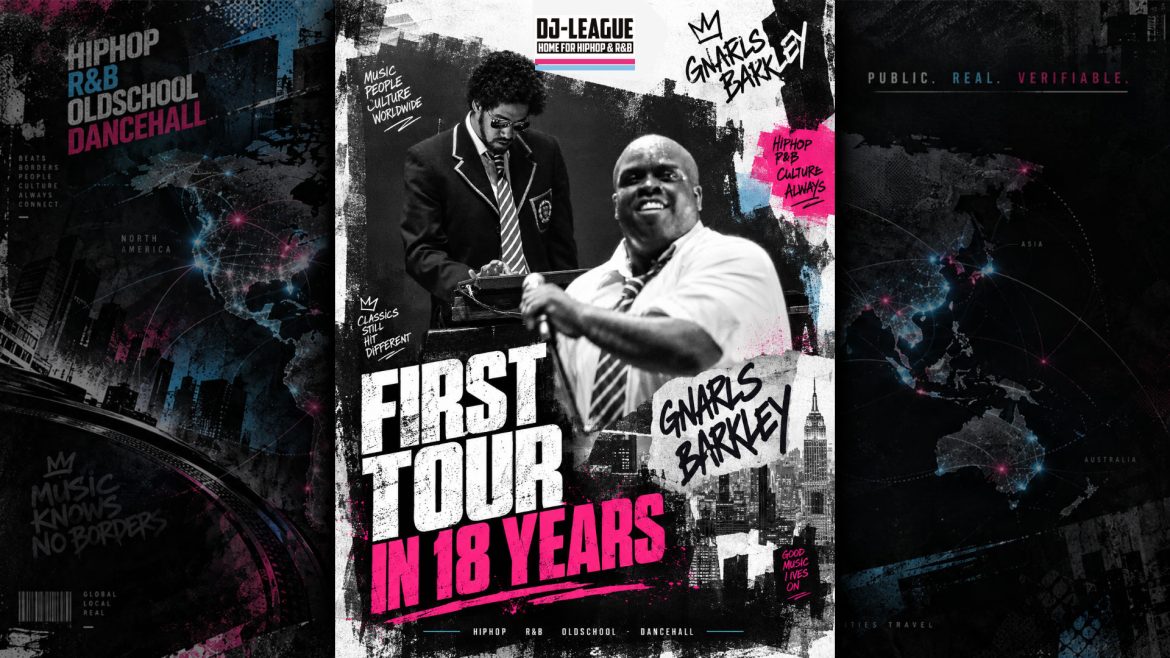 Gnarls Barkley performing live in a DJ-League editorial graphic for their first tour in 18 years.