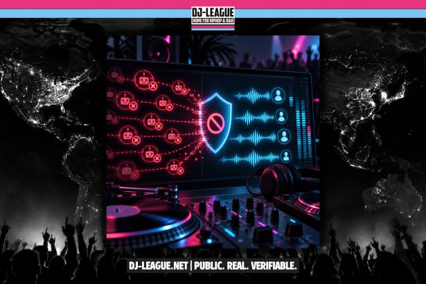 Illustration of fake streaming bots being blocked by a verification shield in a DJ and music streaming environment