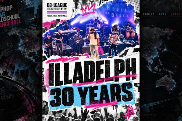 DJ-League graphic marking 30 years of The Roots’ Illadelph Halflife, featuring a live performance image and the text “ILLADELPH 30 YEARS”